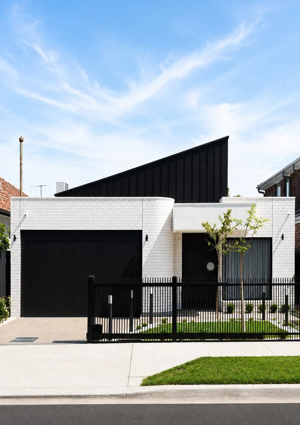 The black gable meeting white brick at the street