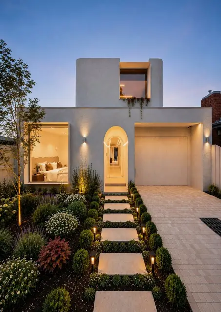 The front garden path leading to the arched door