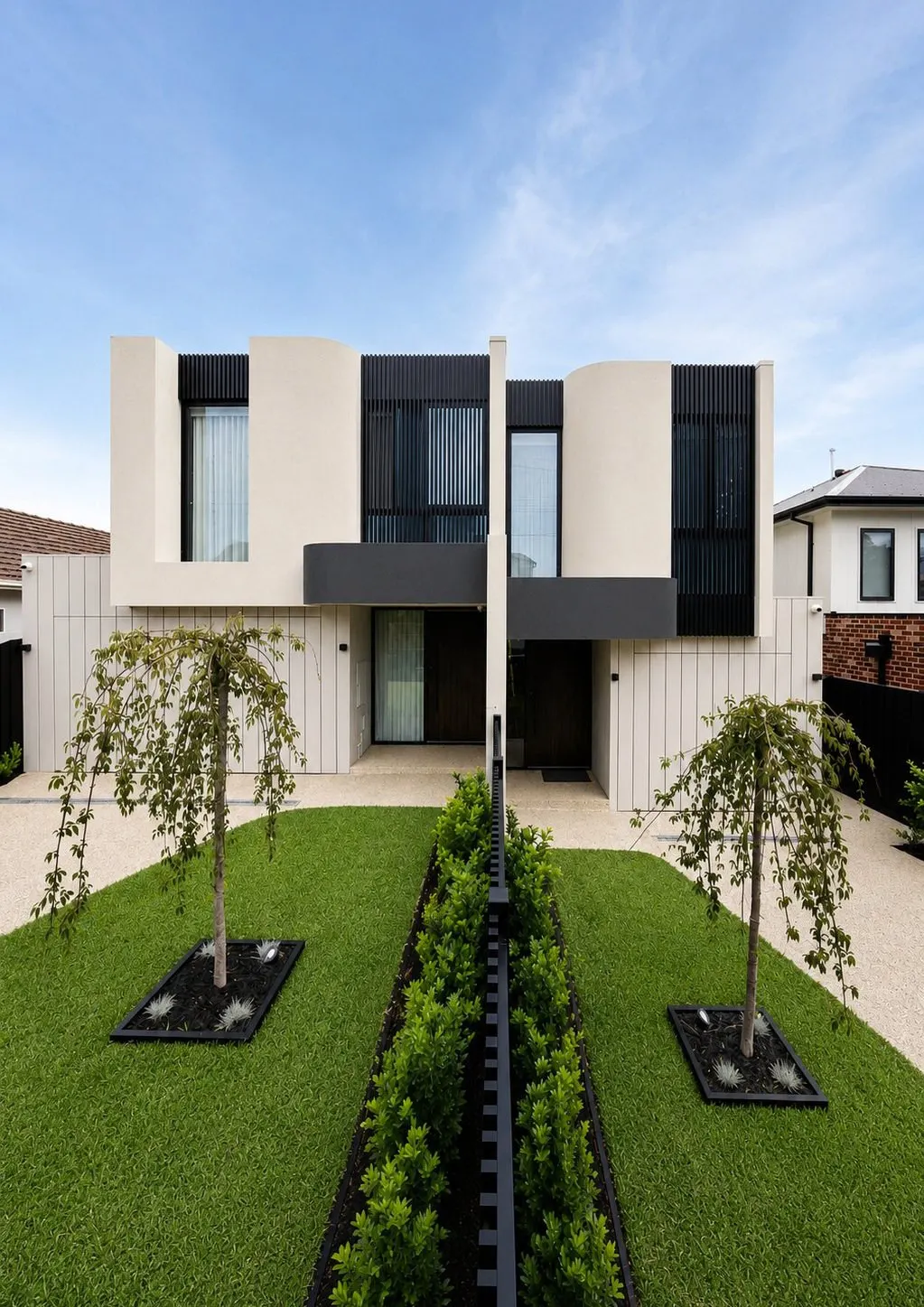 Charcoal and white facade with the front lawn and trees